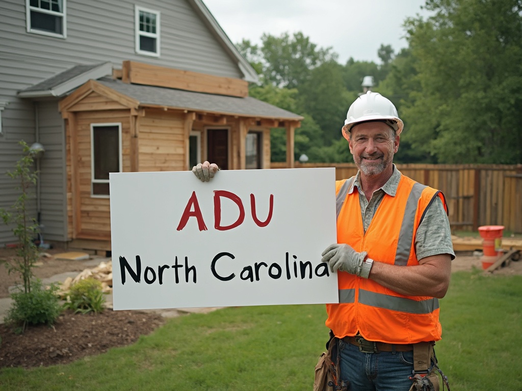 Man with sign outside adu in a backyard that reads ADU North Carolina